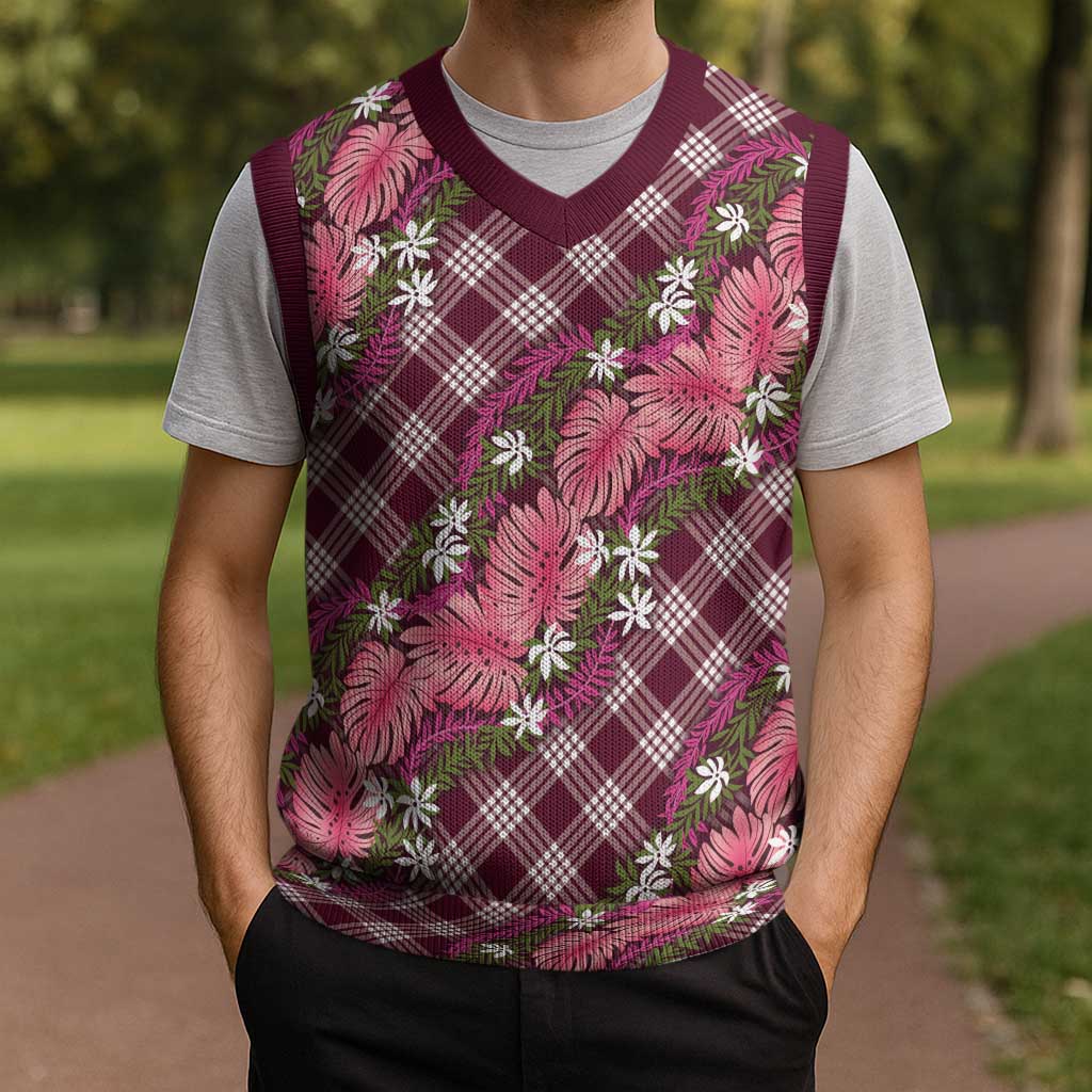 Polynesian Monstera Tiare Floral Christmas Knitted V-Neck Vest Fuchsia Tropical Plaid LT01 - Polynesian Pride