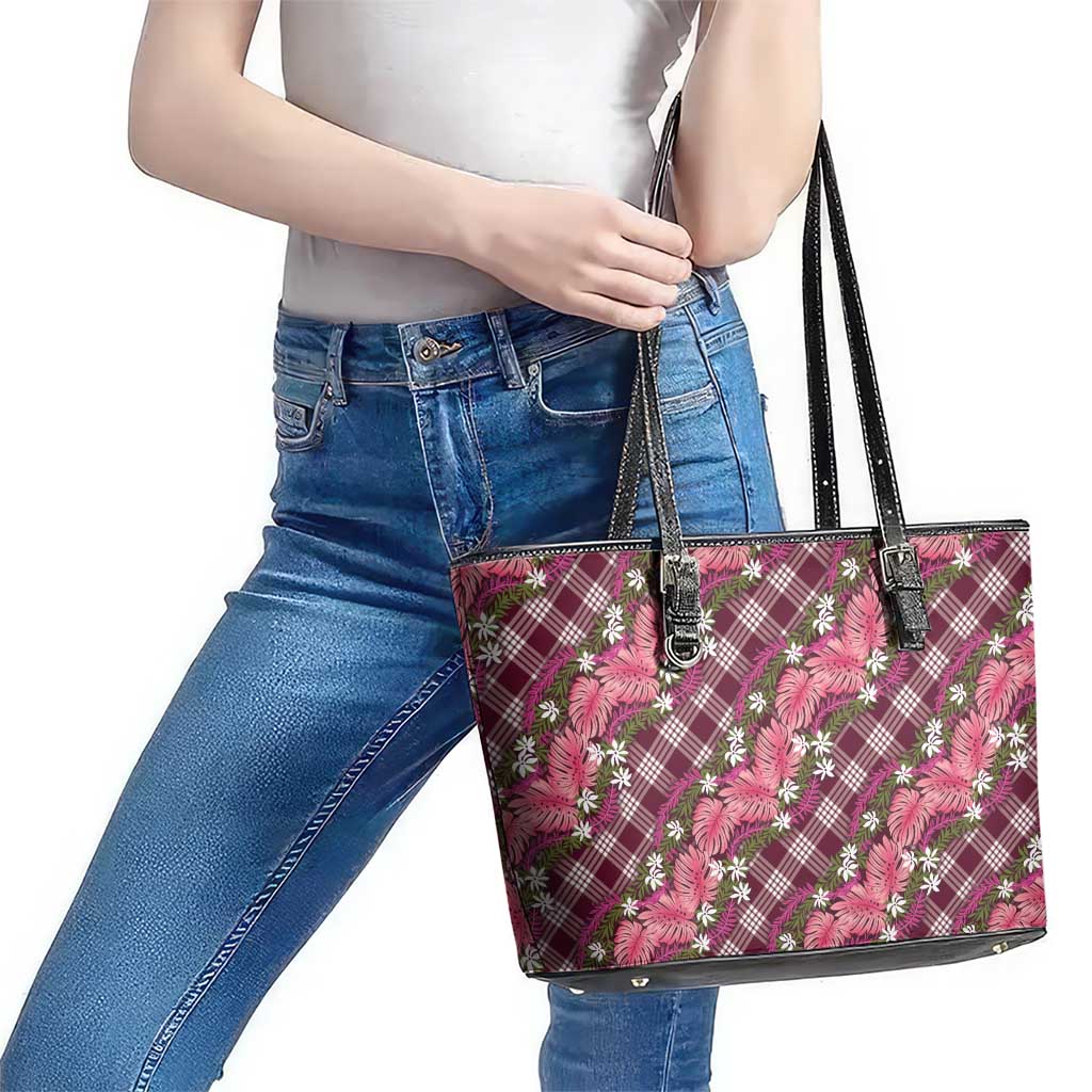 Polynesian Monstera Tiare Floral Leather Tote Bag Fuchsia Tropical Plaid - Polynesian Pride