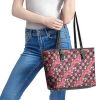 Polynesian Monstera Tiare Floral Leather Tote Bag Fuchsia Tropical Plaid - Polynesian Pride