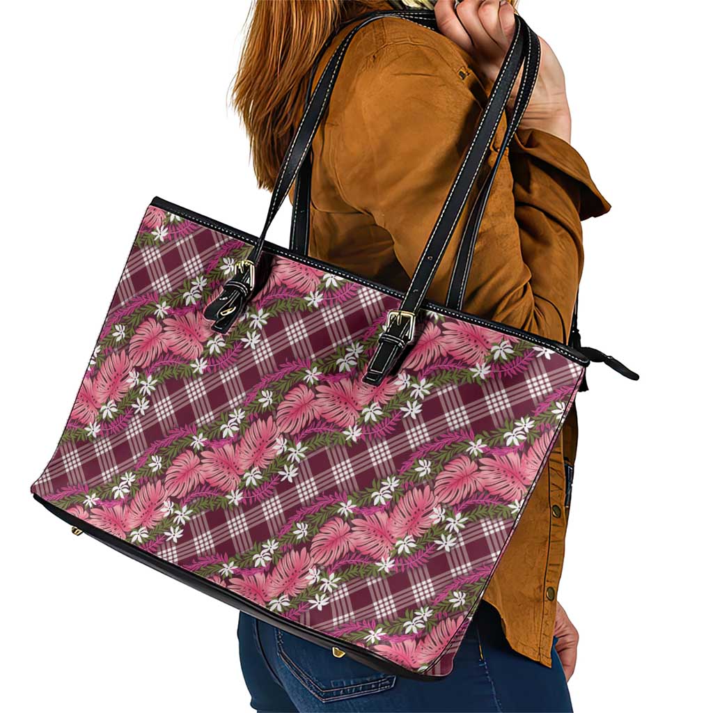 Polynesian Monstera Tiare Floral Leather Tote Bag Fuchsia Tropical Plaid - Polynesian Pride