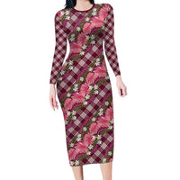 Polynesian Monstera Tiare Floral Long Sleeve Bodycon Dress Fuchsia Tropical Plaid - Polynesian Pride
