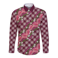 Polynesian Monstera Tiare Floral Long Sleeve Button Shirt Fuchsia Tropical Plaid LT01 Unisex Pink - Polynesian Pride