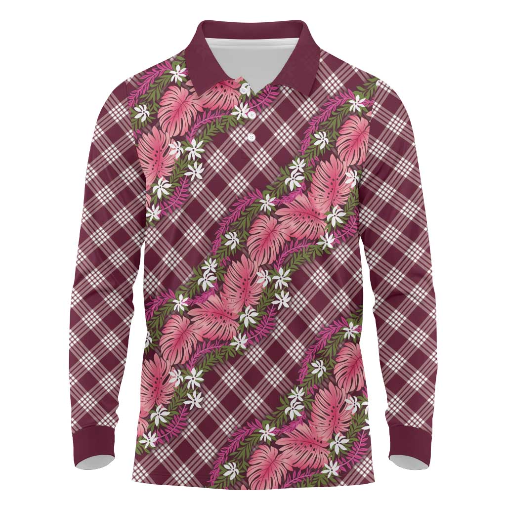 Polynesian Monstera Tiare Floral Long Sleeve Polo Shirt Fuchsia Tropical Plaid LT01 Pink - Polynesian Pride