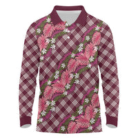 Polynesian Monstera Tiare Floral Long Sleeve Polo Shirt Fuchsia Tropical Plaid LT01 Pink - Polynesian Pride