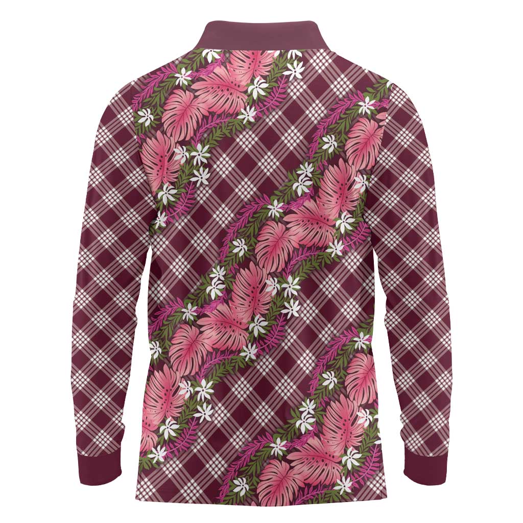 Polynesian Monstera Tiare Floral Long Sleeve Polo Shirt Fuchsia Tropical Plaid LT01 - Polynesian Pride