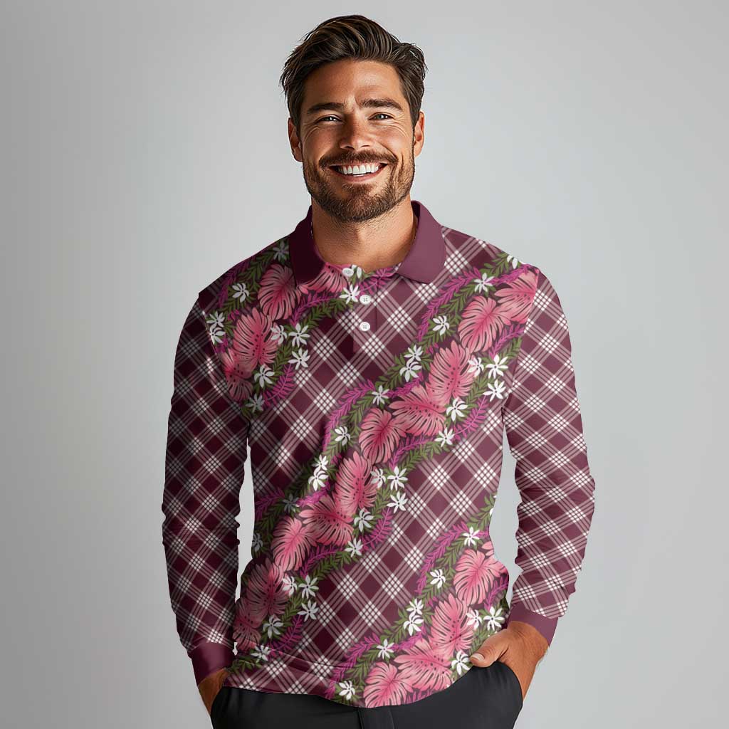 Polynesian Monstera Tiare Floral Long Sleeve Polo Shirt Fuchsia Tropical Plaid LT01 - Polynesian Pride
