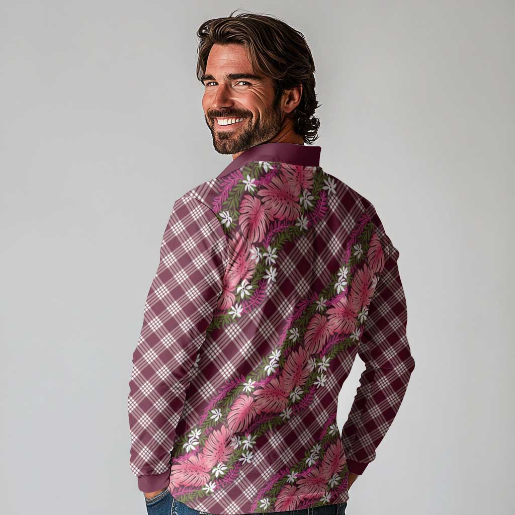 Polynesian Monstera Tiare Floral Long Sleeve Polo Shirt Fuchsia Tropical Plaid LT01 - Polynesian Pride