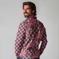 Polynesian Monstera Tiare Floral Long Sleeve Polo Shirt Fuchsia Tropical Plaid LT01 - Polynesian Pride