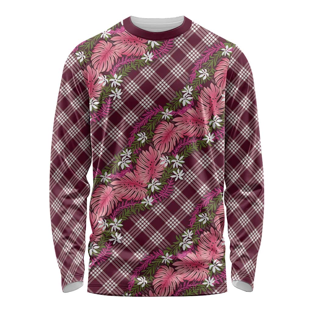 Polynesian Monstera Tiare Floral Long Sleeve Shirt Fuchsia Tropical Plaid LT01 Unisex Pink - Polynesian Pride