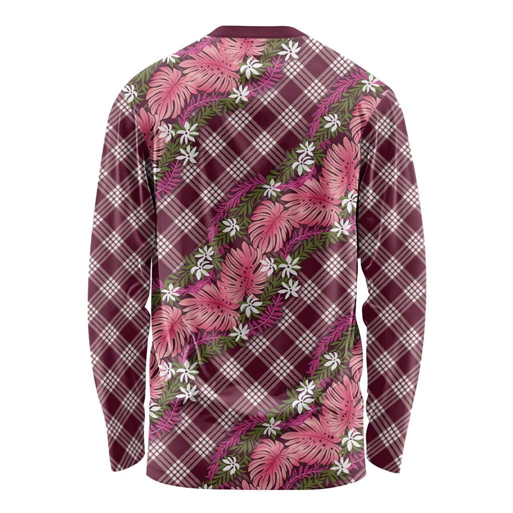 Polynesian Monstera Tiare Floral Long Sleeve Shirt Fuchsia Tropical Plaid LT01 - Polynesian Pride