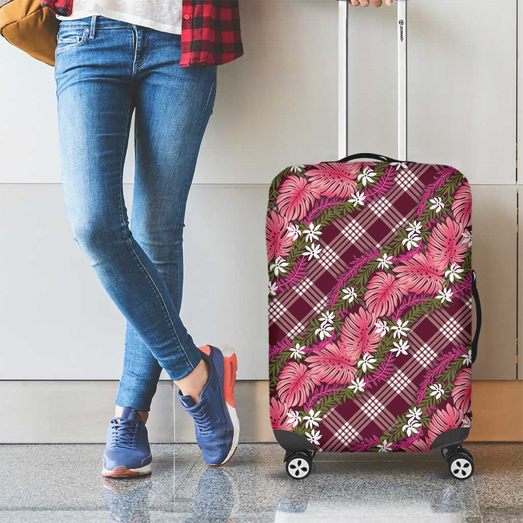 Polynesian Monstera Tiare Floral Luggage Cover Fuchsia Tropical Plaid - Polynesian Pride
