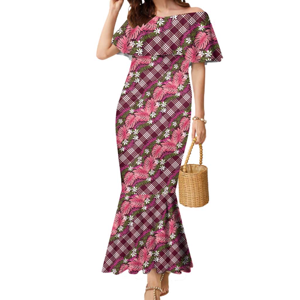 Polynesian Monstera Tiare Floral Mermaid Dress Fuchsia Tropical Plaid LT01 Women Pink - Polynesian Pride