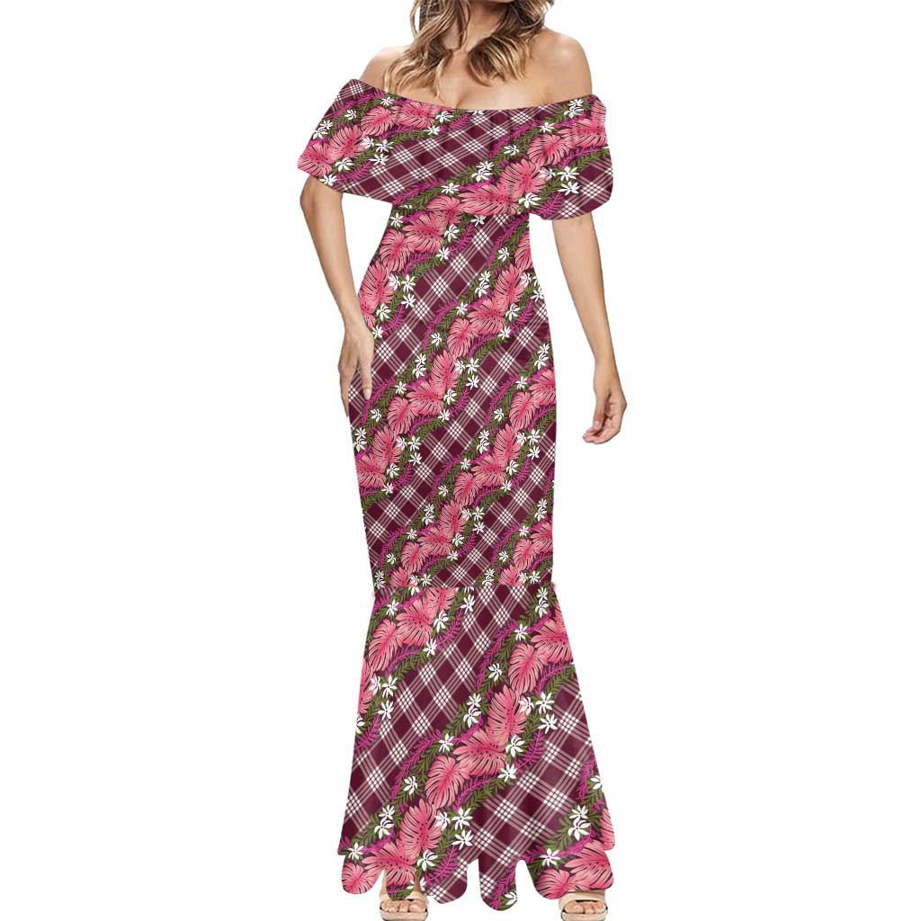 Polynesian Monstera Tiare Floral Mermaid Dress Fuchsia Tropical Plaid LT01 - Polynesian Pride