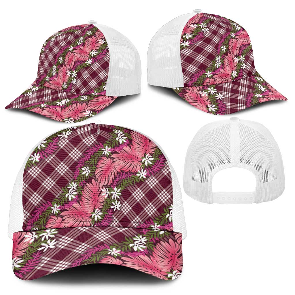 Polynesian Monstera Tiare Floral Mesh Trucker Cap Fuchsia Tropical Plaid - Polynesian Pride