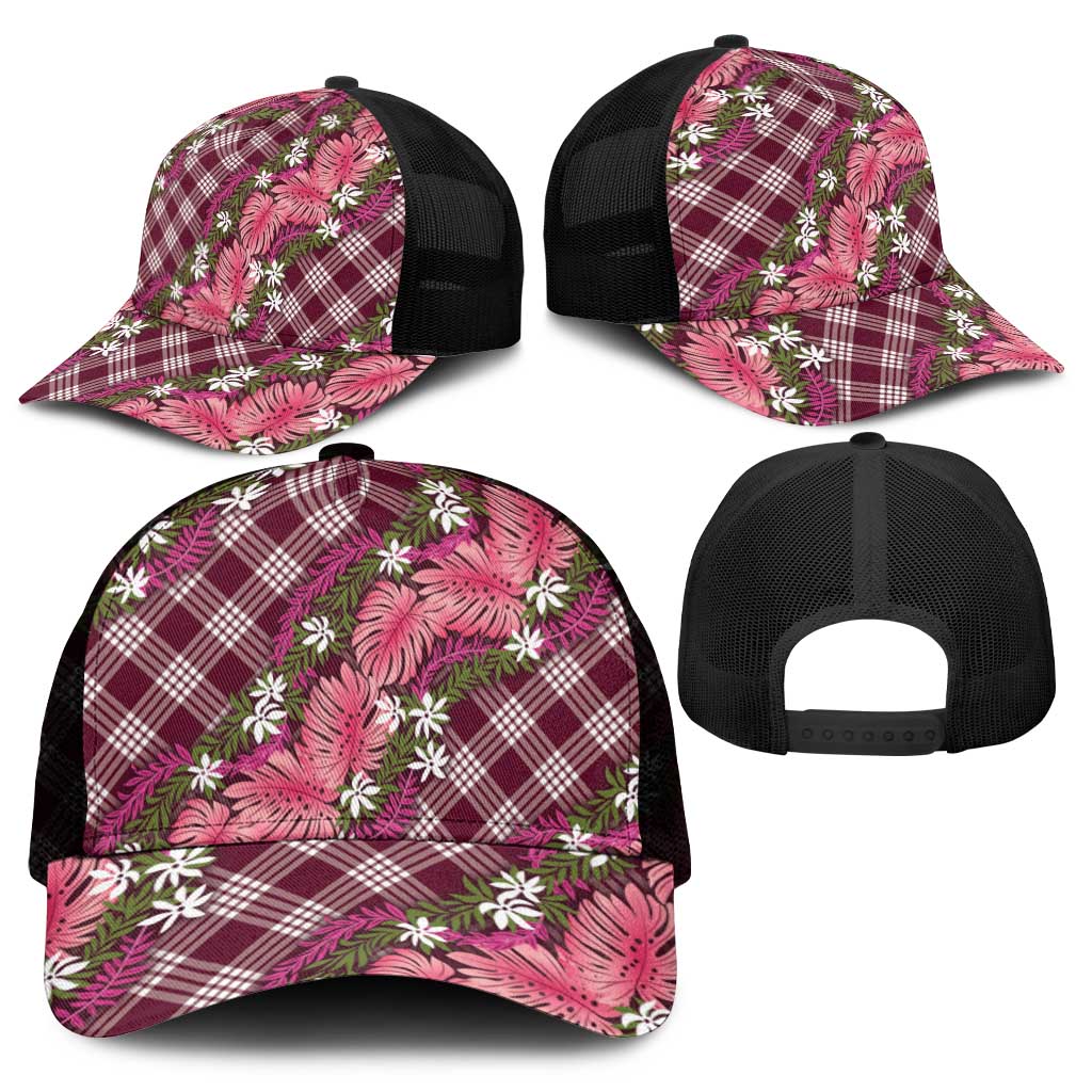 Polynesian Monstera Tiare Floral Mesh Trucker Cap Fuchsia Tropical Plaid - Polynesian Pride