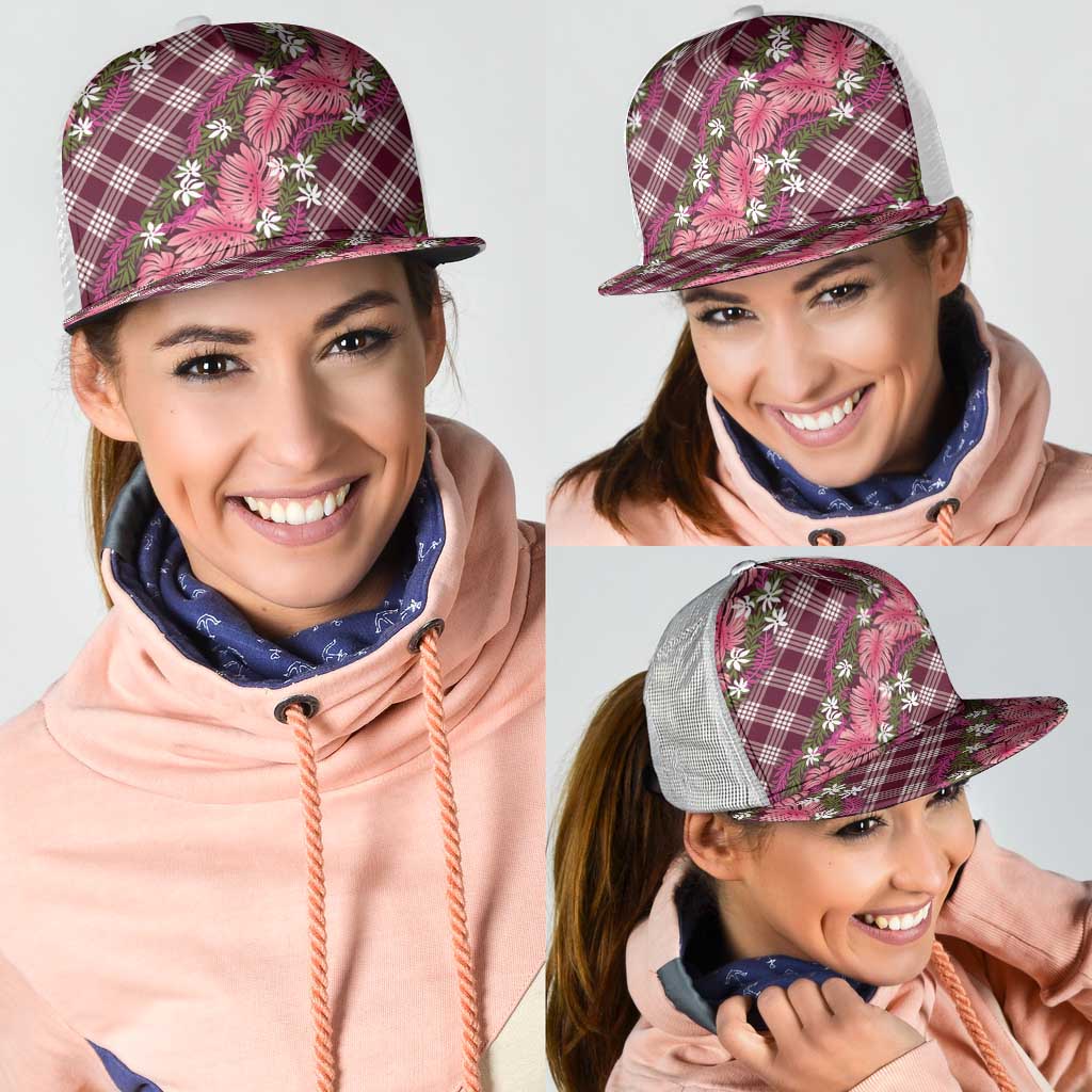 Polynesian Monstera Tiare Floral Mesh Trucker Cap Fuchsia Tropical Plaid - Polynesian Pride