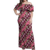 Polynesian Monstera Tiare Floral Off Shoulder Maxi Dress Fuchsia Tropical Plaid LT01 Women Pink - Polynesian Pride