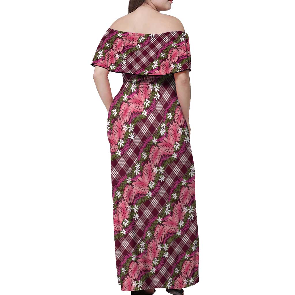 Polynesian Monstera Tiare Floral Off Shoulder Maxi Dress Fuchsia Tropical Plaid LT01 - Polynesian Pride