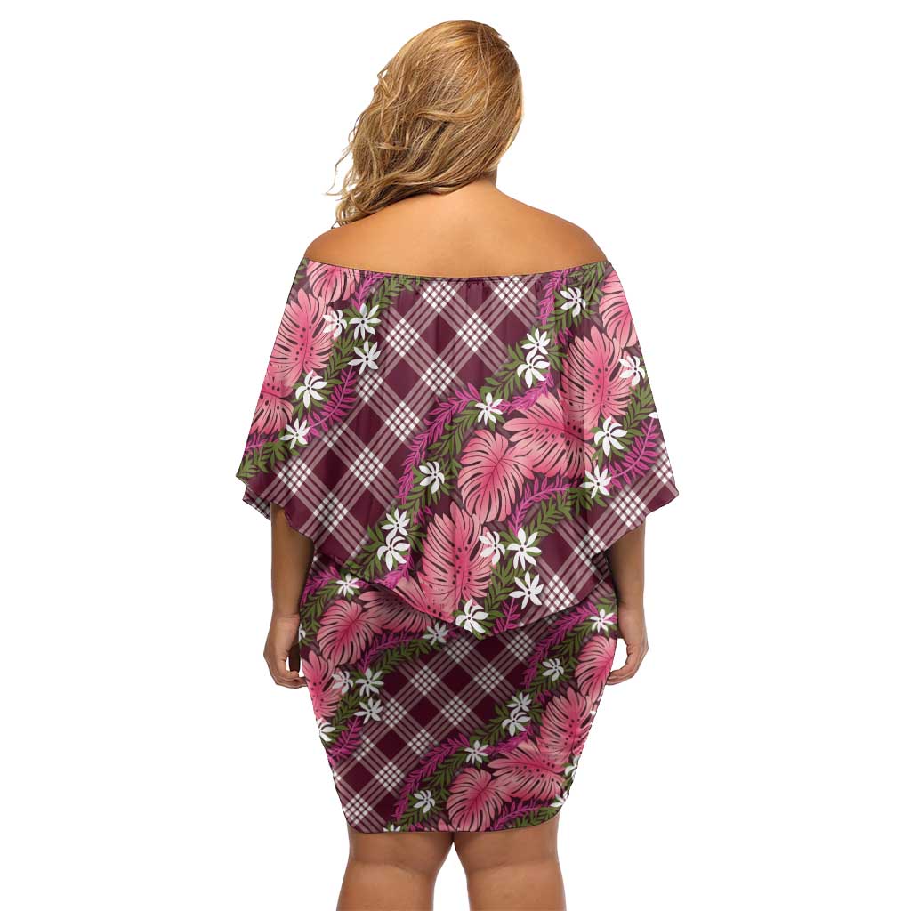 Polynesian Monstera Tiare Floral Off Shoulder Short Dress Fuchsia Tropical Plaid - Polynesian Pride