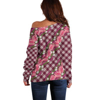 Polynesian Monstera Tiare Floral Off Shoulder Sweater Fuchsia Tropical Plaid - Polynesian Pride