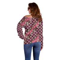 Polynesian Monstera Tiare Floral Off Shoulder Sweater Fuchsia Tropical Plaid - Polynesian Pride