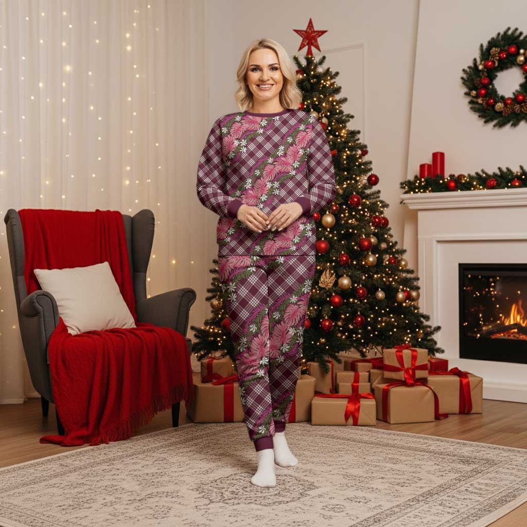 Polynesian Monstera Tiare Floral Christmas Pajama Set Fuchsia Tropical Plaid LT01 Women Pink - Polynesian Pride