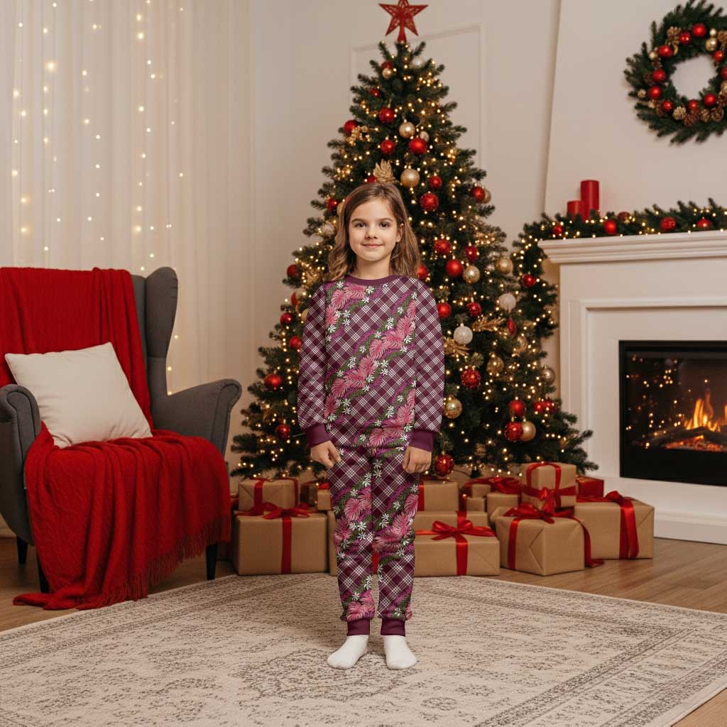 Polynesian Monstera Tiare Floral Christmas Pajama Set Fuchsia Tropical Plaid LT01 Kid Pink - Polynesian Pride