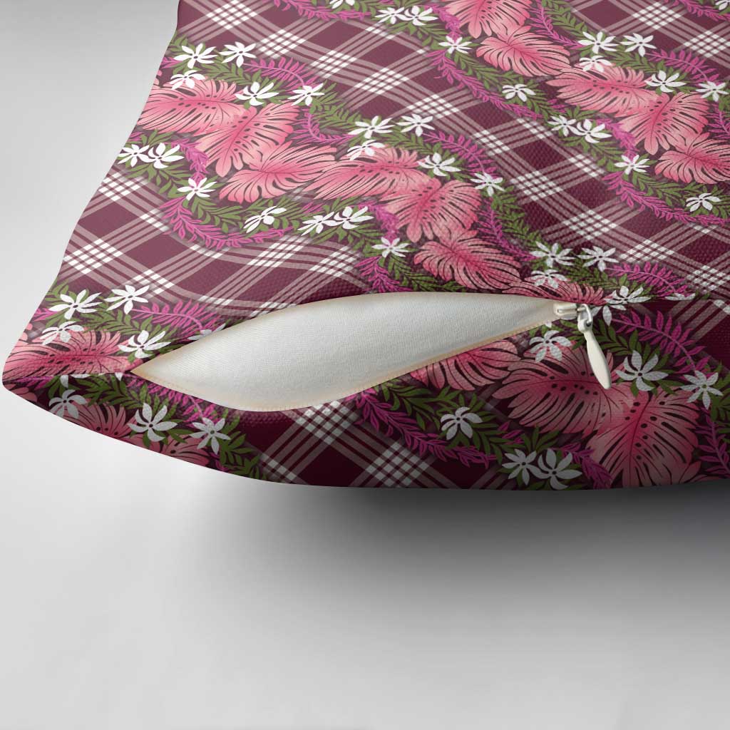 Polynesian Monstera Tiare Floral Pillow Cover Fuchsia Tropical Plaid - Polynesian Pride