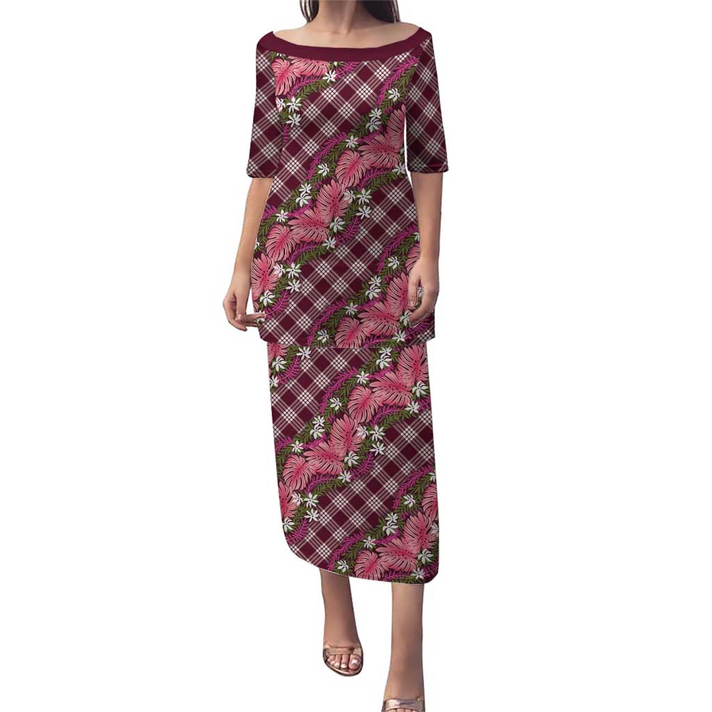 Polynesian Monstera Tiare Floral Puletasi Fuchsia Tropical Plaid LT01 Long Dress Pink - Polynesian Pride
