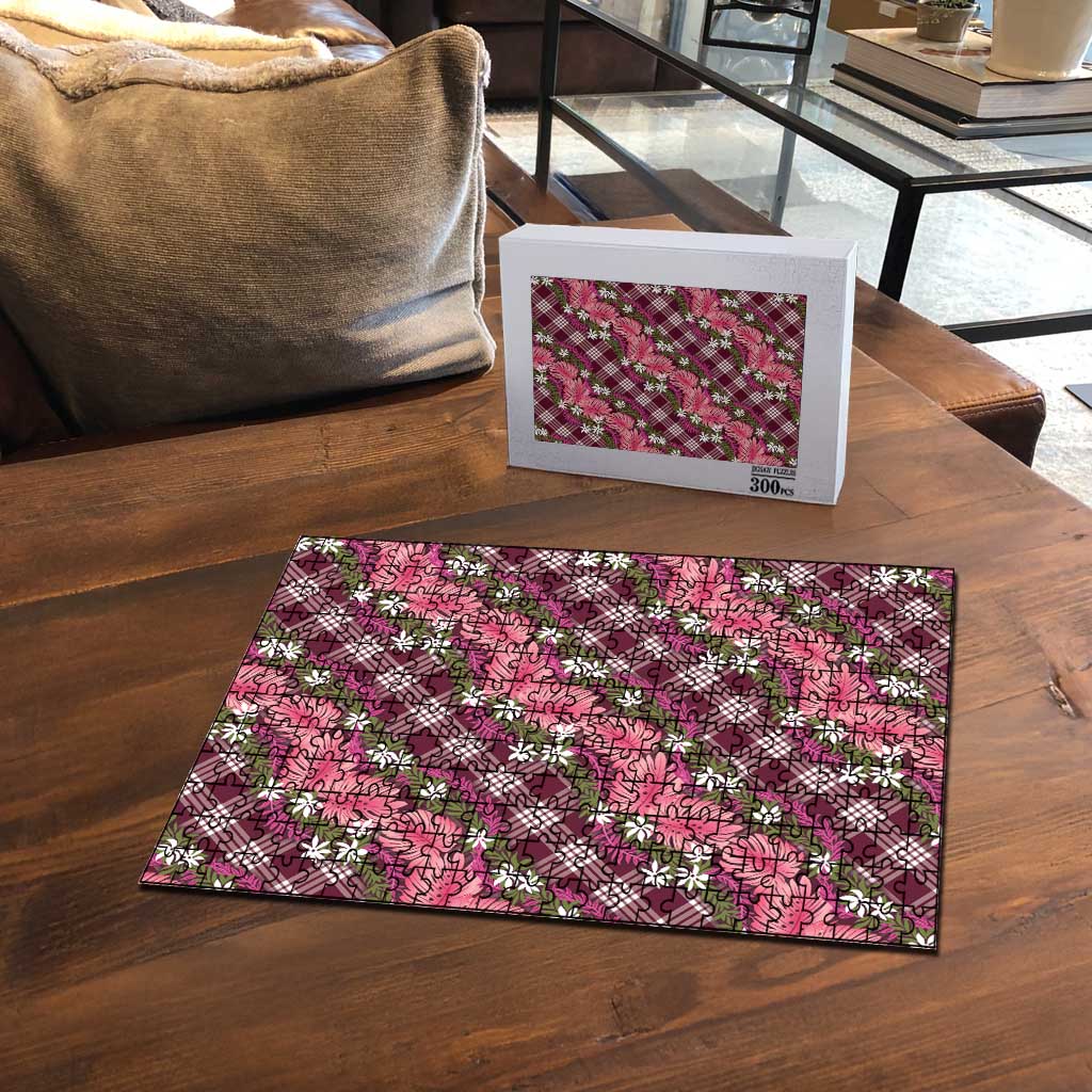 Polynesian Monstera Tiare Floral Puzzle Fuchsia Tropical Plaid - Polynesian Pride