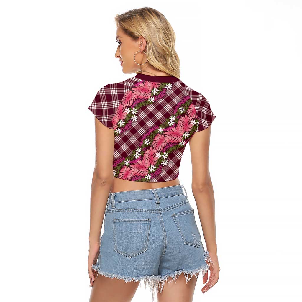 Polynesian Monstera Tiare Floral Raglan Cropped T Shirt Fuchsia Tropical Plaid LT01 - Polynesian Pride