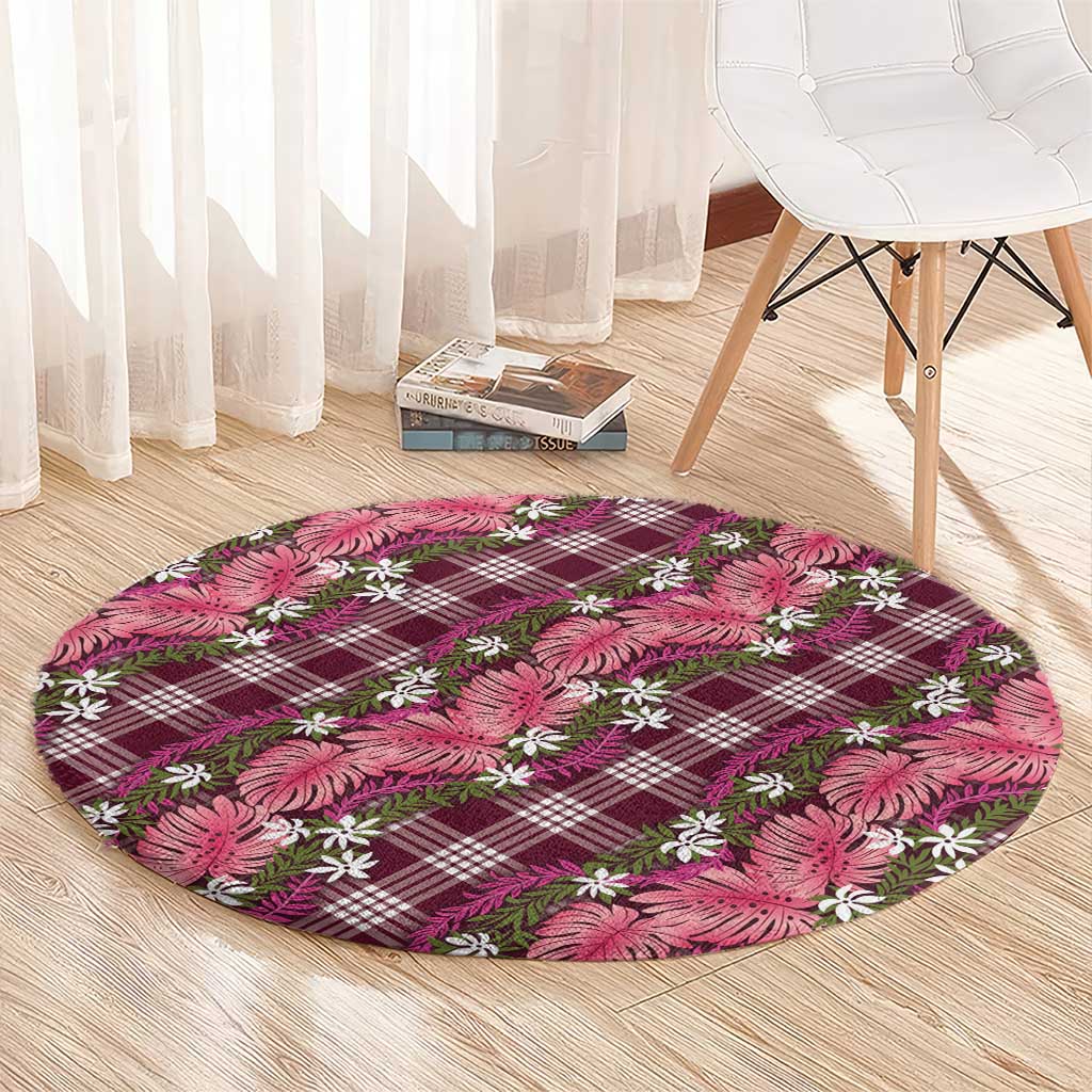 Polynesian Monstera Tiare Floral Round Carpet Fuchsia Tropical Plaid - Polynesian Pride