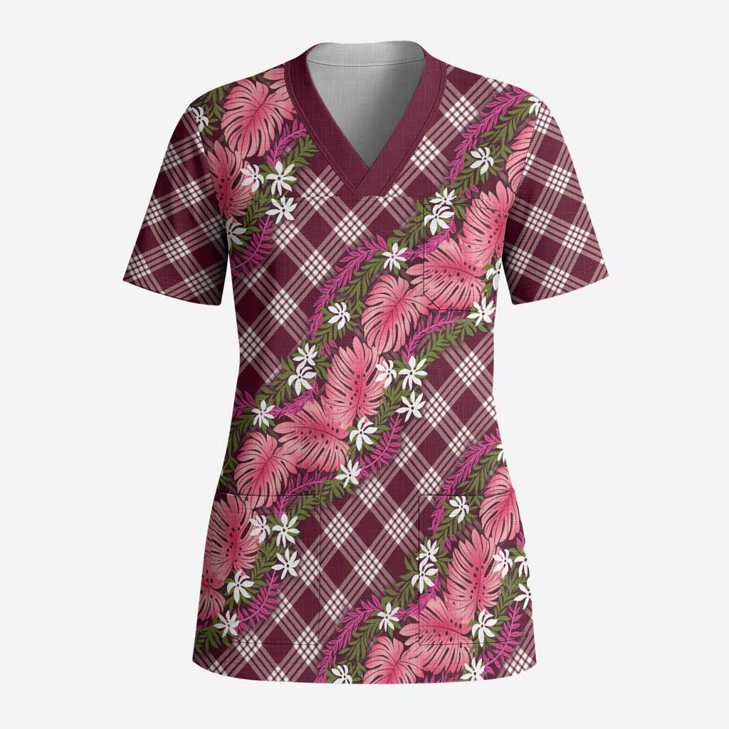 Polynesian Monstera Tiare Floral Scrub Top Fuchsia Tropical Plaid LT01 Adult Pink - Polynesian Pride