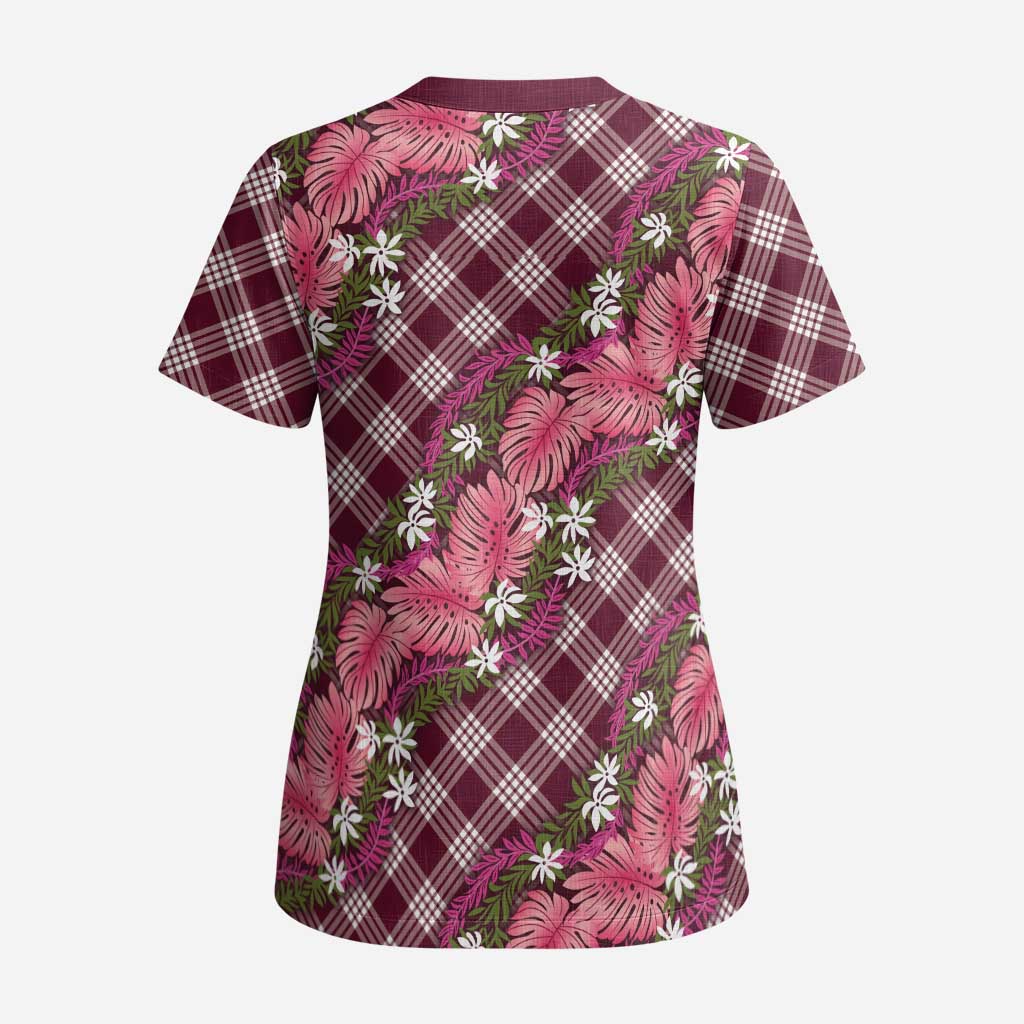 Polynesian Monstera Tiare Floral Scrub Top Fuchsia Tropical Plaid LT01 - Polynesian Pride