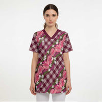 Polynesian Monstera Tiare Floral Scrub Top Fuchsia Tropical Plaid LT01 - Polynesian Pride