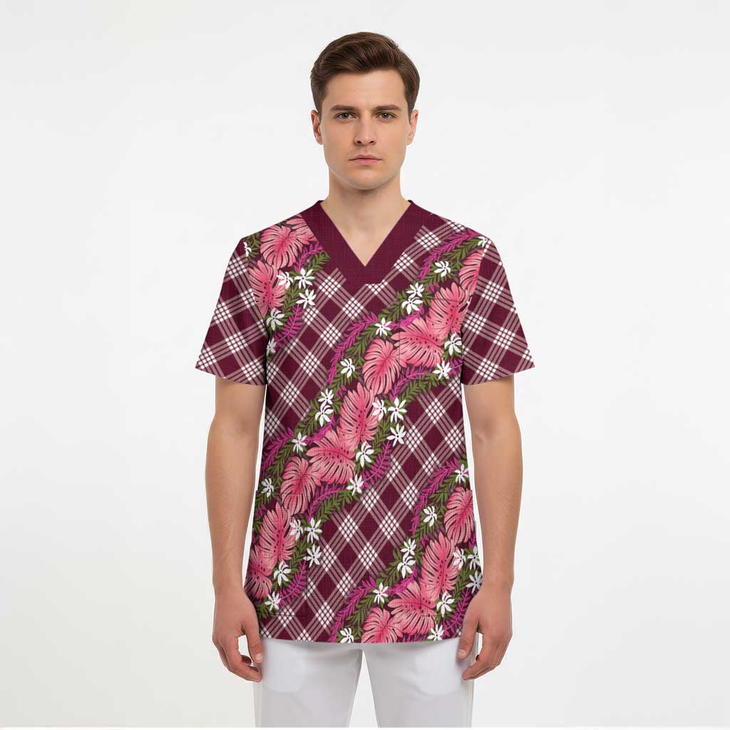 Polynesian Monstera Tiare Floral Scrub Top Fuchsia Tropical Plaid LT01 - Polynesian Pride