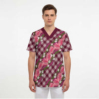 Polynesian Monstera Tiare Floral Scrub Top Fuchsia Tropical Plaid LT01 - Polynesian Pride