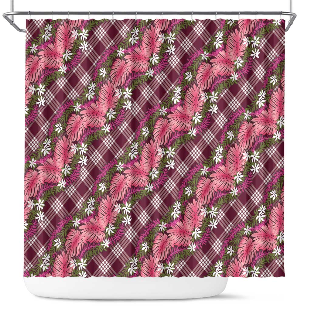 Polynesian Monstera Tiare Floral Shower Curtain Fuchsia Tropical Plaid - Polynesian Pride