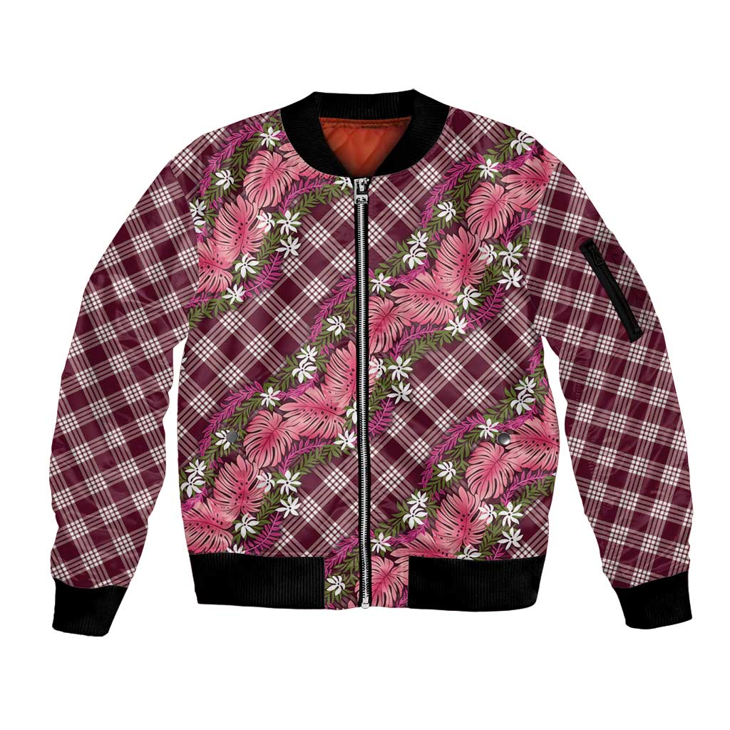 Polynesian Monstera Tiare Floral Sleeve Zip Bomber Jacket Fuchsia Tropical Plaid - Polynesian Pride