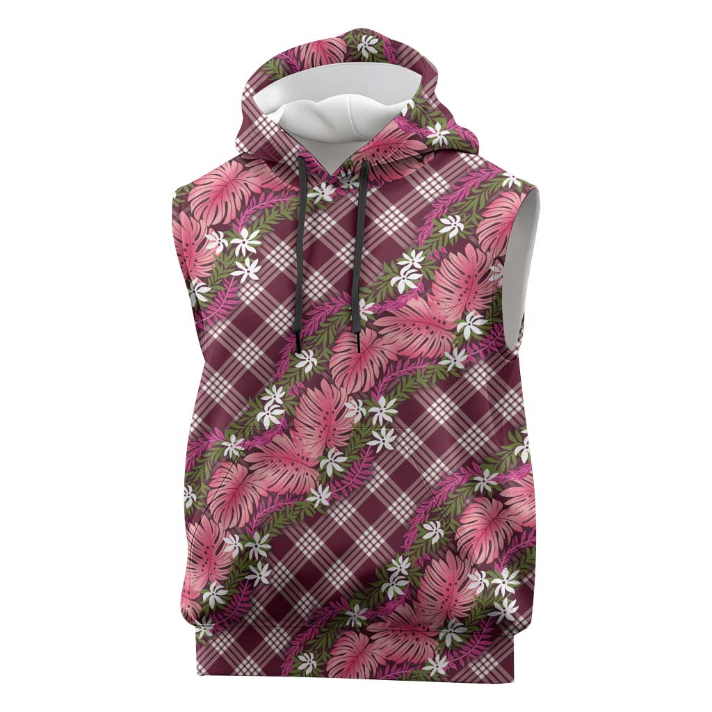 Polynesian Monstera Tiare Floral Sleeveless Hoodie Fuchsia Tropical Plaid LT01 Pink - Polynesian Pride