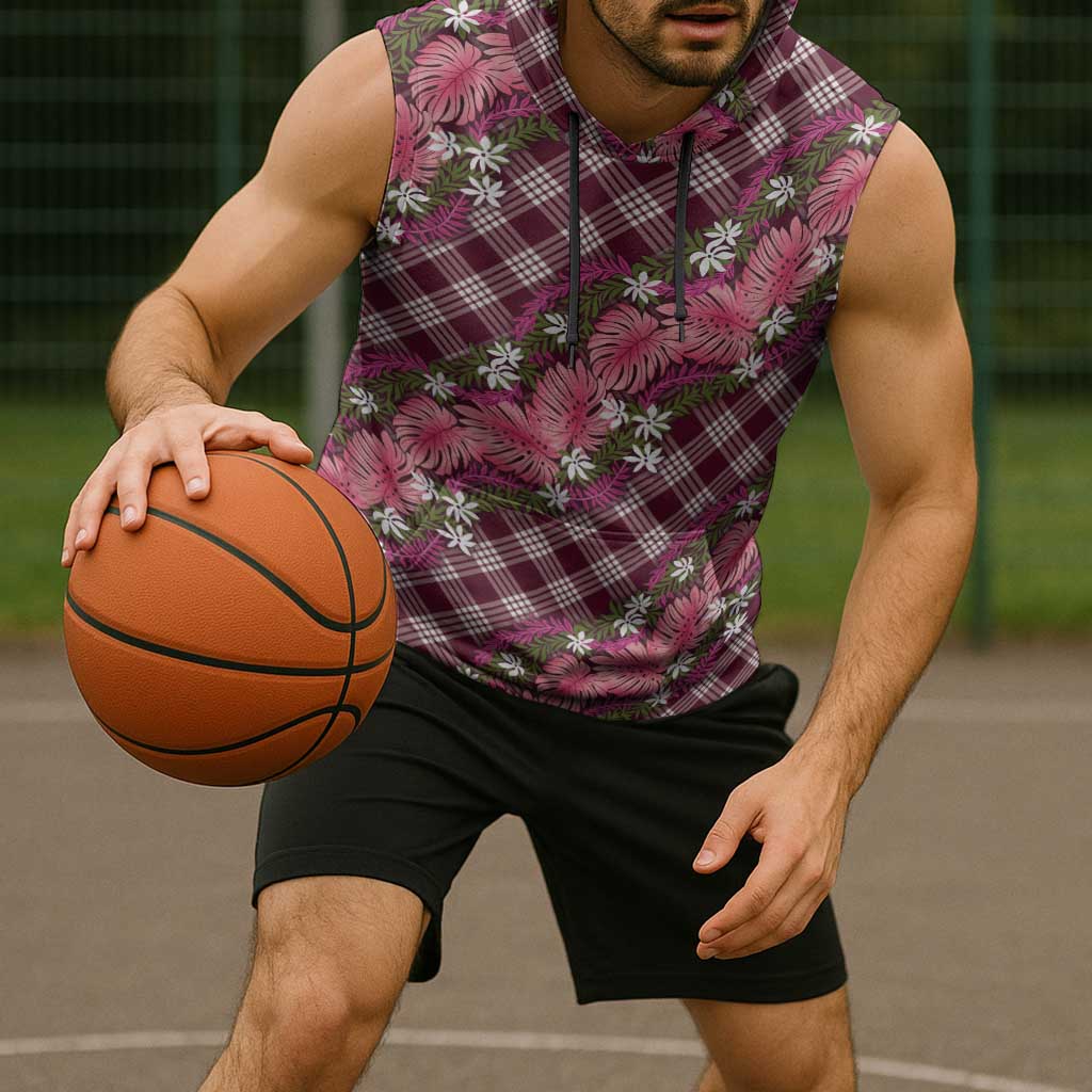 Polynesian Monstera Tiare Floral Sleeveless Hoodie Fuchsia Tropical Plaid LT01 - Polynesian Pride