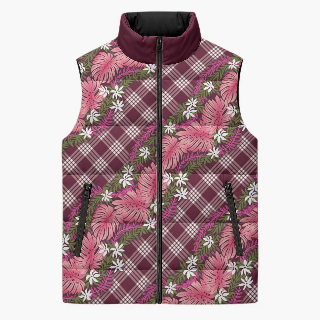 Polynesian Monstera Tiare Floral Sleeveless Puffer Jacket Fuchsia Tropical Plaid LT01 Unisex Pink - Polynesian Pride