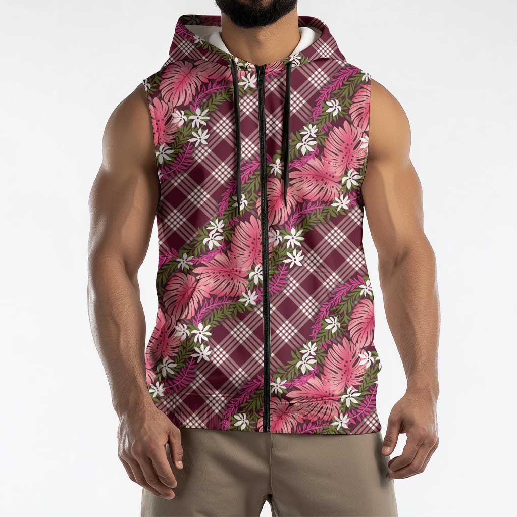 Polynesian Monstera Tiare Floral Sleeveless Zip Hoodie Fuchsia Tropical Plaid LT01 - Polynesian Pride