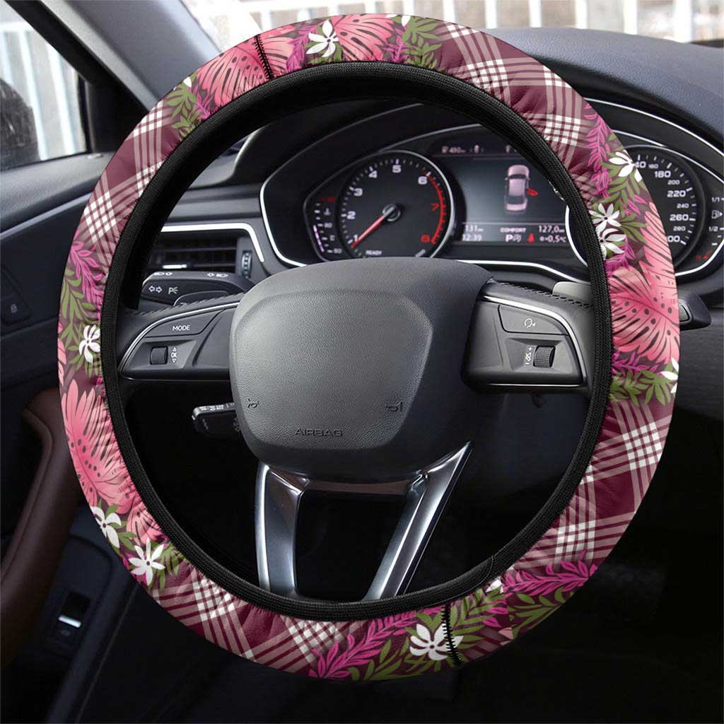 Polynesian Monstera Tiare Floral Steering Wheel Cover Fuchsia Tropical Plaid LT01 - Polynesian Pride