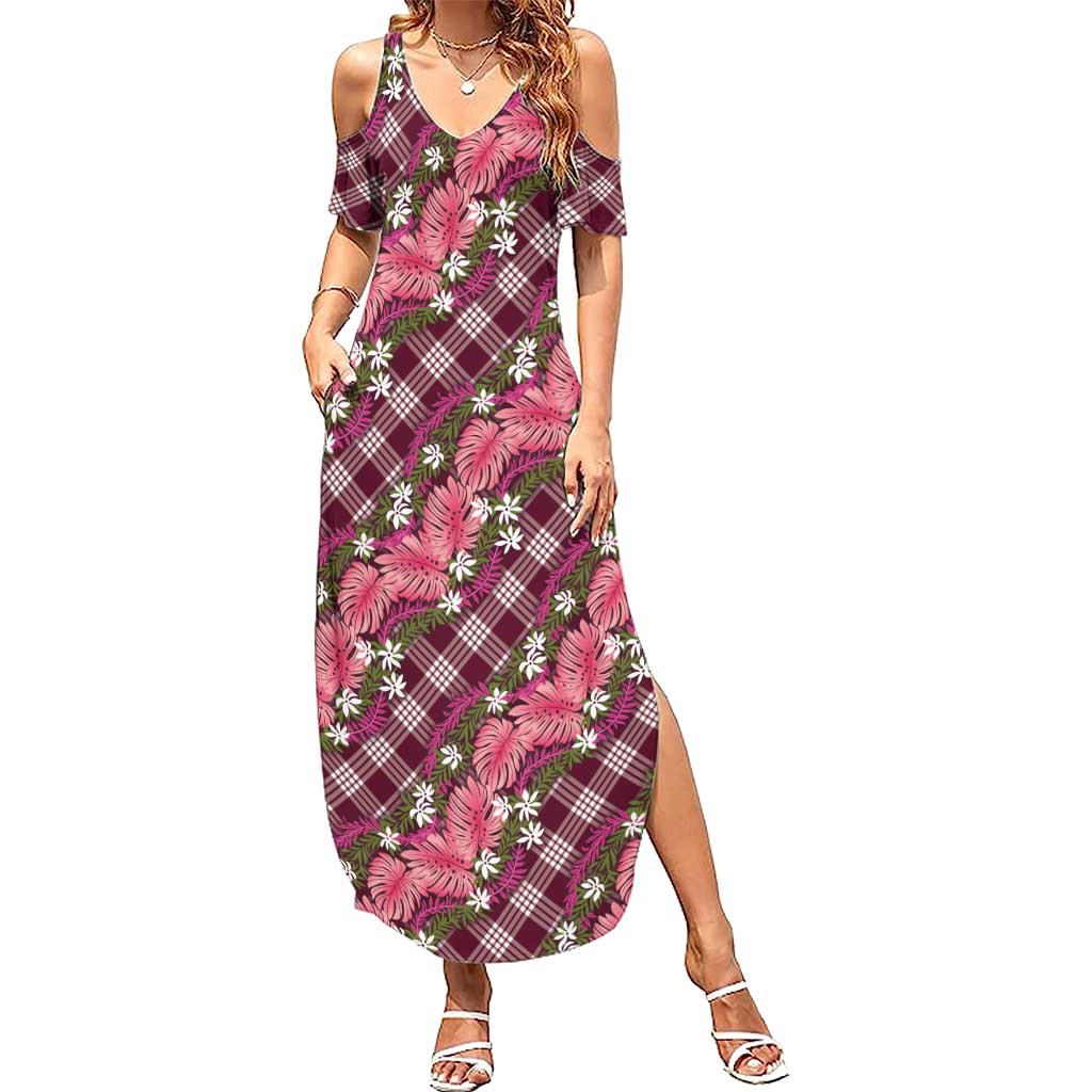 Polynesian Monstera Tiare Floral Summer Maxi Dress Fuchsia Tropical Plaid - Polynesian Pride