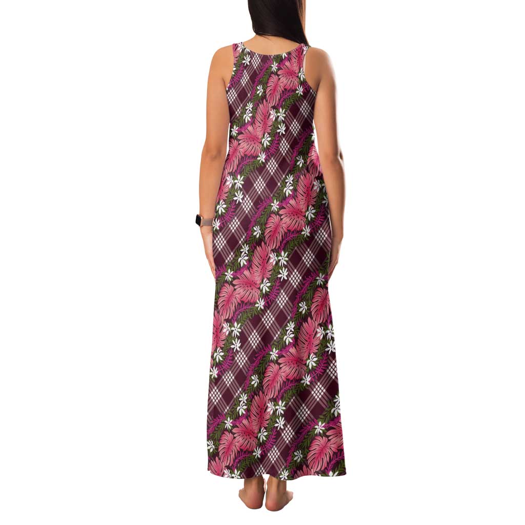 Polynesian Monstera Tiare Floral Tank Maxi Dress Fuchsia Tropical Plaid LT01 - Polynesian Pride