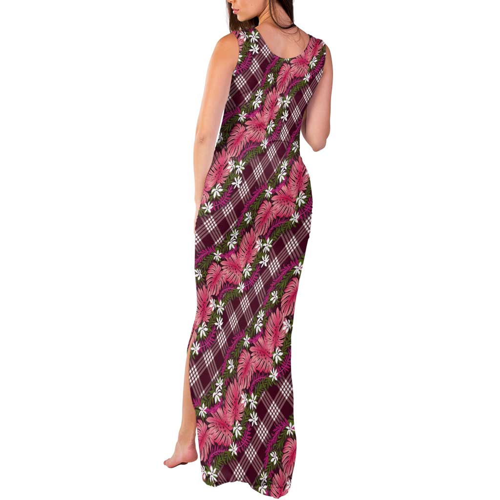 Polynesian Monstera Tiare Floral Tank Maxi Dress Fuchsia Tropical Plaid LT01 - Polynesian Pride