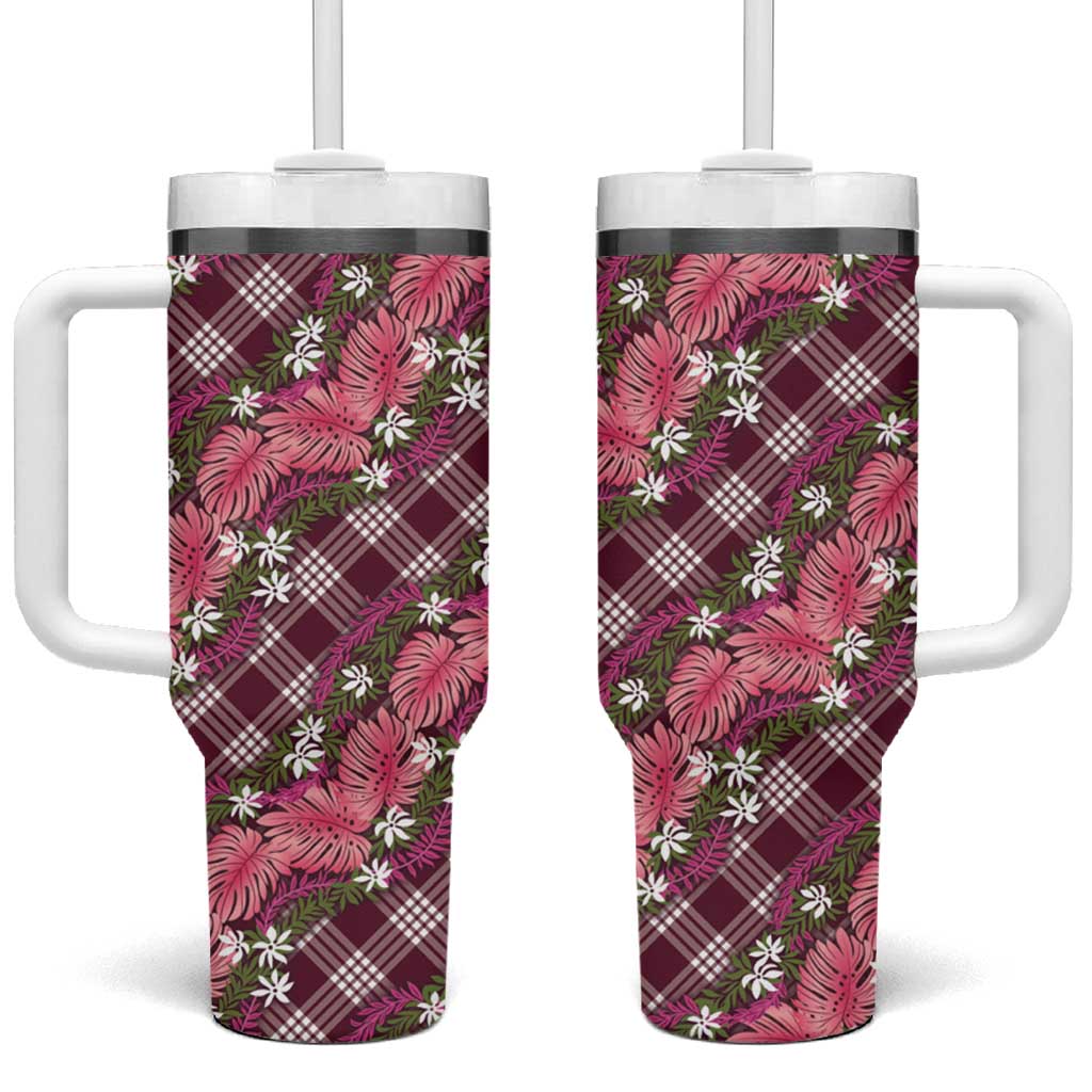 Polynesian Monstera Tiare Floral Tumbler With Handle Fuchsia Tropical Plaid - Polynesian Pride