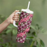 Polynesian Monstera Tiare Floral Tumbler With Handle Fuchsia Tropical Plaid - Polynesian Pride