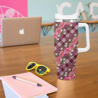 Polynesian Monstera Tiare Floral Tumbler With Handle Fuchsia Tropical Plaid - Polynesian Pride